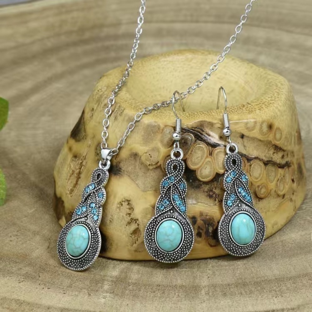 Bohemian turquoise inlaid Rhinestones water drop shaped earrings & necklace set